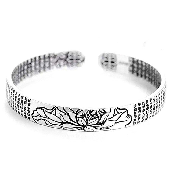 Unisex‎ Lotus Heart Sutra 999 Silver Cuff Bracelet, Size Adjustable - Picture 3 of 12